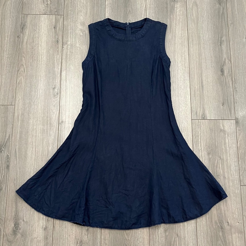 Malvin Hamburg Germany Navy Blue 100% Linen Sleeveless A-Line Dress Size L 10